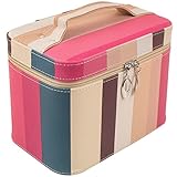 Beauty Make Up Cosmetics and Toiletries Box Bag Case Holder Makeup Tools Nail Care Utensils Organizer Wallet Pouch Made of PU and Polyester With Inbuilt Mirror and Colorful Stripes