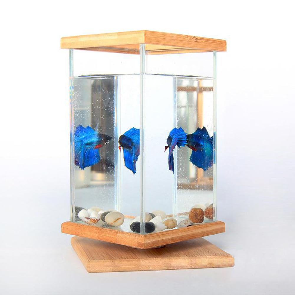 Betta Fish Tank, bambusowa plastikowa obrotowa miska na ryby z lekką pokrywką, przezroczyste 360° ozdobne akwarium do dekoracji wnętrz, do użytku na biurku, przezroczysta, prostokątna konstrukcja