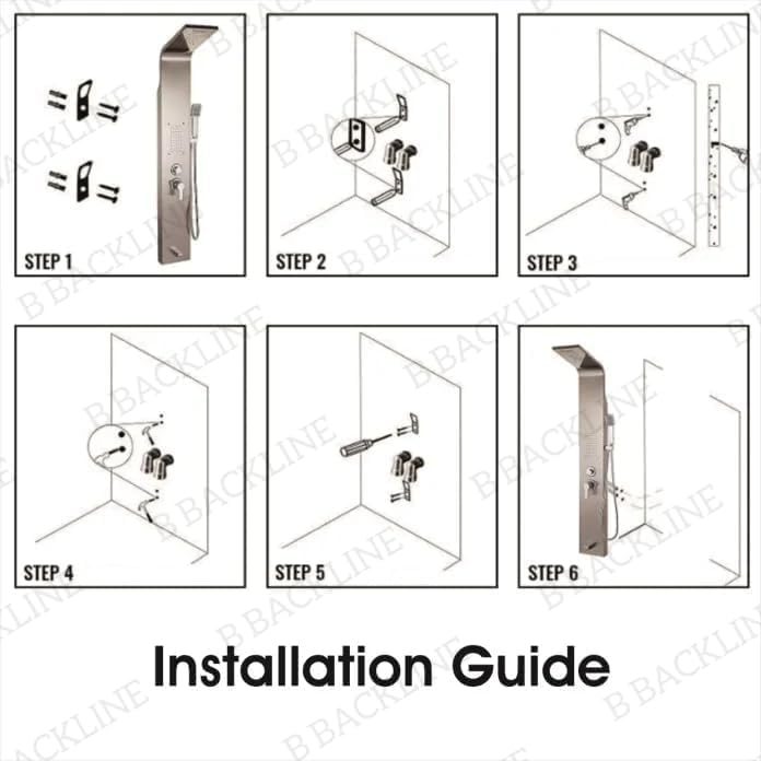 Image of Backline Stainless Steel 7-in-1 Thermostatic Shower Panel System with Digital Temperature Display - Rainfall Shower Head, Body Spray Jets, Handheld Shower & Tub Spout, Hot & Cold Water Control (Black)