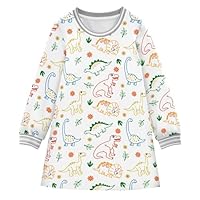 LI ZHI XIN Girls' Long-Sleeved Round Neck A-Line Dress Kids Autumn Winter Casual Skirt Childrens One-Piece Dress 2-8 Years Dinosaur Cartoon Pattern Multicoloured