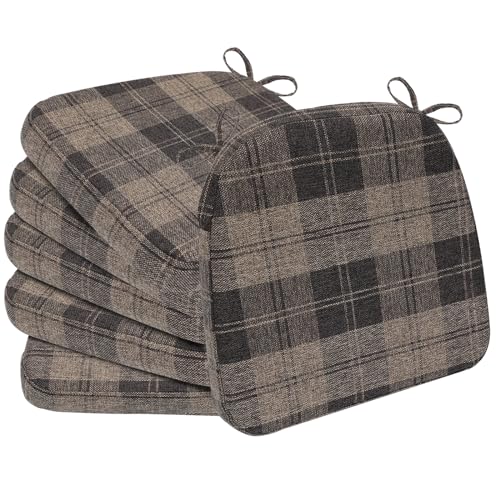 Image of AAAAAcessories D-Shaped Chair Cushions, 2 inch Thick Dining Chair Pads with Ties and Removable, Machine-Washable Cover, 17 inch x 16 inch, Set of 6, Brown Checkered