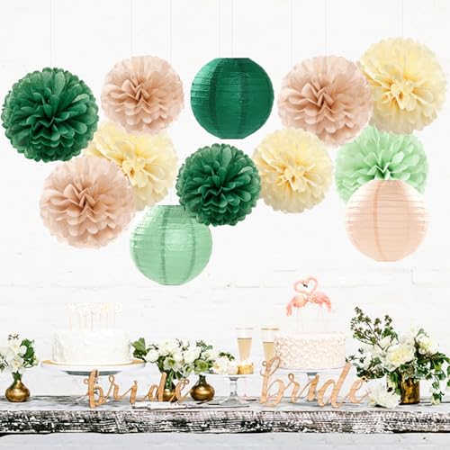 Image of Sage-Olive Green Party-Decorations Paper-Flowers Lanterns - 15PCS Safari Boho Birthday Rustic Tissue Pom Poms Streamers, Baby Shower Neutral Garden Wedding Graduation Hanging Supplies Decor Hugfond