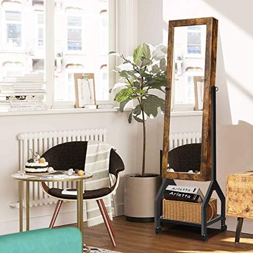 COSTWAY 2-in-1 Jewelry Cabinet, Lockable Jewelry Armoire Storage Unit with Full Length Mirror, Adjustable Jewellery Organiser for Home Bedroom Dressing Room (With Rolling Wheels)