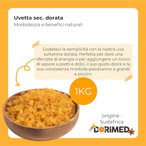 Uva Essiccata, Uvetta Disidratata Secca Dorata Di Prima Scelta [1Kg]. Uva Passa Frutta Secca Dolce Essiccata, Sapore Delizioso Senza Zuccheri Aggiunti, Color Oro, Per Preparazioni Dolciarie - Dorimed - 4
