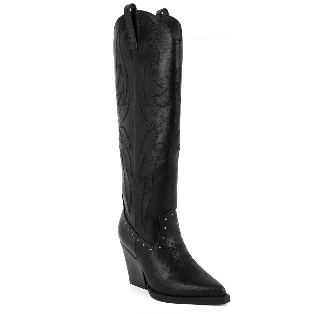 Sugar Women’s Tall Boots – Knee-High Vegan Leather Riding Boots with Pull-On/Side Zipper Entry, Decorative Straps, and Block Heel