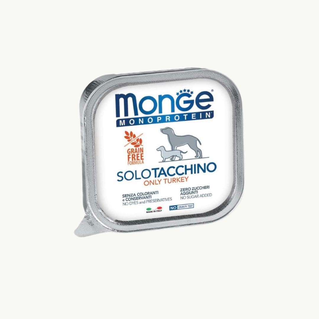 Monge Monoprotein cane, umido monoproteico per cani di tutte le taglie gusto SOLO TACCHINO formula grainfree | 12 vaschette da 150 grammi l'una.