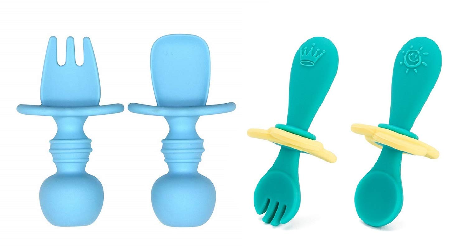 4 Pack Baby Training Spoons Forks Set with Travel Case Toddler Feeding Utensils Set Self-Feeding Easy Grip Learning Silicone Tableware for Babies Children