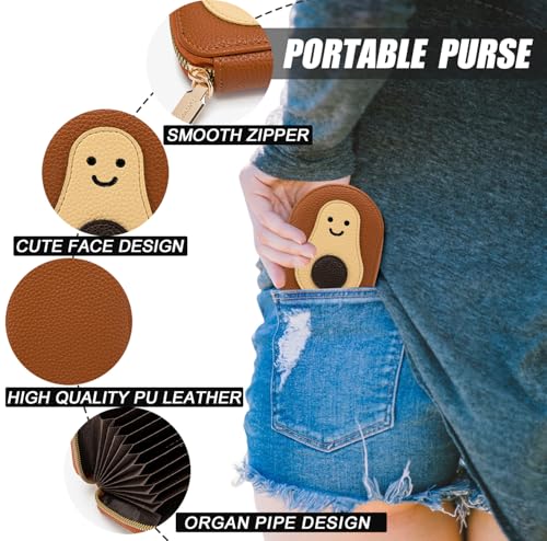 Cute Avocado Card Holder, Portable Multi-slot Credit Card Wallet, Zippered Small Coin Purse Change Holder Card Case for Women (Brown)4
