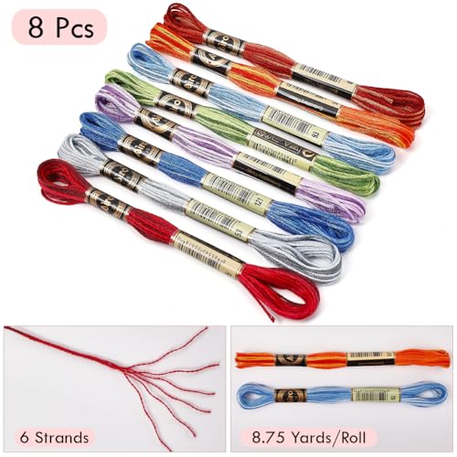 Image of 8 Skeins 6 Strands 70 Yards Variegated Embroidery Cross Stitch Thread Gradient Color Friendship Bracelet Blue Cotton String Floss for Sewing Making Bracelet Knitting Stitching Craft Supply