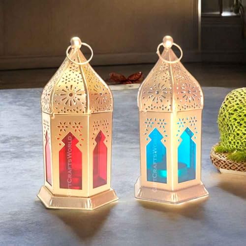 Image of Moroccan Lanterns & Candle Holders for Home Decor - Unique Diwali & Christmas Gifts (Red - Blue, Set of 2)