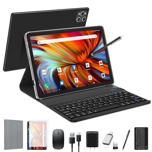EITOMIN Android Tablet 2026 Latest 10 inch Tablet with Keyboard,128GB ROM 16GB RAM TF1TB Expand,Octa-Core,5GWiFi,1080FHD,13MP+8MPCamera,Bluetooth5.0,GPS,Mouse,Case,Black