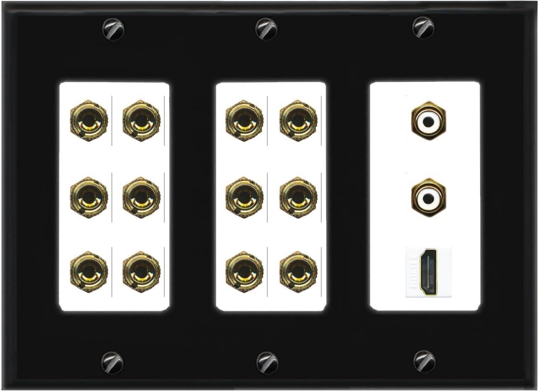 RiteAV 6.2 Surround Sound 6 Speaker 12 Banana Plug Jack Wall Plate w/ 2 RCA Subwoofer + 1 HDMI Female Connectors - 3 Gang [Black/White]