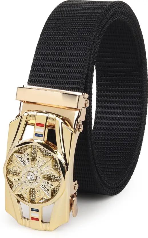 Men's Tactical Belt, Black Nylon Webbing with Gold Automatic Buckle, Decorative Wheel Design-image-40
