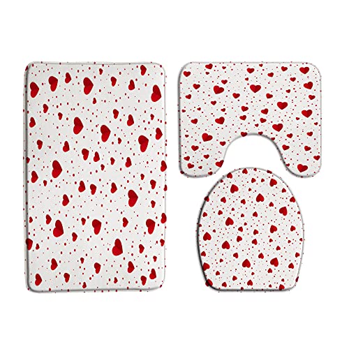 VPUPCN Valentine's Day 3 Pcs Bath Rugs Set,Red Love Heart Polka Dot Romantic Sweet Couple Modern Simple Bathroom Kitchen Rug with 17.8