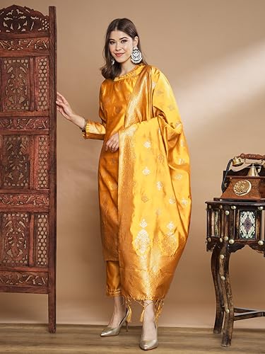 Image of VredeVogel Women's Cotton Silk Jacquard, Banarasi Silk Kurta Pant With Dupatta Set