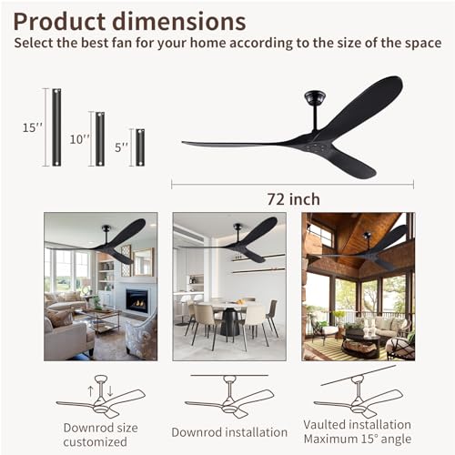 Black Modern 72 Inch Outdoor Ceiling Fan with Remote, Wood Large 3 Blade High CFM Wet Rated Ceiling Fans for Patios Porch Gazebo - Industrial Propeller Ceiling Fan for Indoor Living Room Bedroom