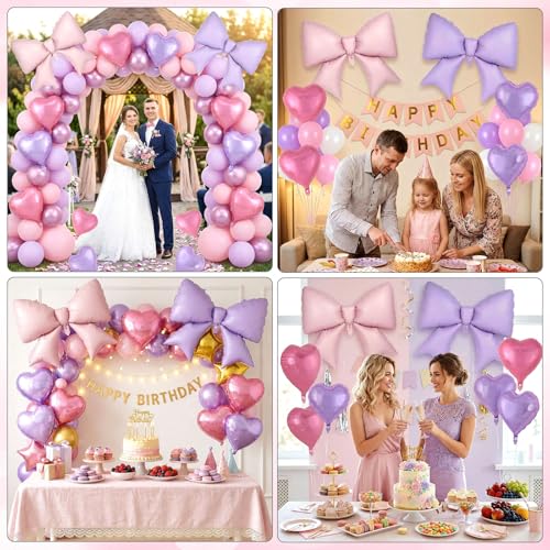 Image of 12 Pcs 18 Inch Heart Balloons and 38 Inch Bow Balloons, Large Foil Bow Heart Balloon Bow Party Decorations for Birthday Baby Shower Valentines Wedding Party