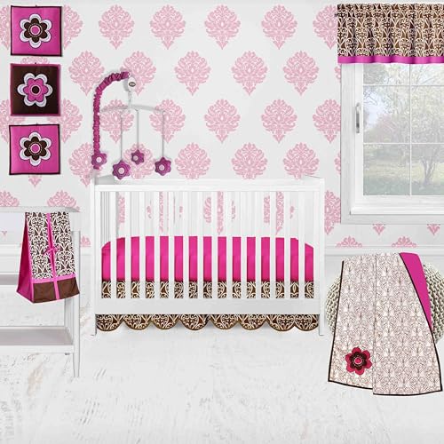 Bacati - Damask Pink Fuschia Chocolate 10 pc Crib Bedding Set with 2 Crib Fitted Sheets