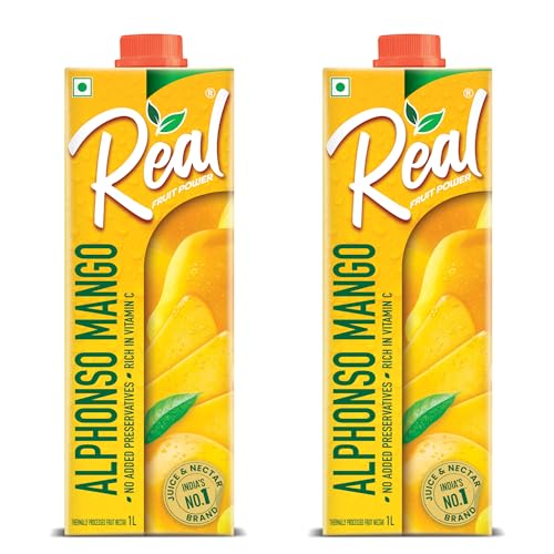 Image of Real Alphonso Mango Fruit Juice - 2L (1L x 2) | Rich in Vitamin C | No Added Preservatives | No Artificial Flavours | Goodness of Best Fruits | Tasty, Refreshing & Energising