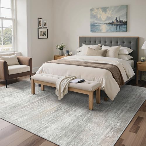 Image of BEIMO Area Rugs 8x10 for Living Room Bedroom, Modern Abstract Machine Washable Rug, Large Soft Low Pile Floor Carpet with Non Slip Backing for Dining Room, Light Grey /Beige