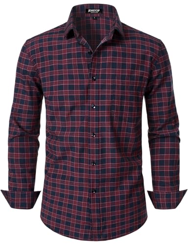 JEMITOP Men's Transitional Weather Long Sleeve Slim Fit Button Down Shirts Business Casual Button up Plaid Dress Shirt Red Navy Gingham M