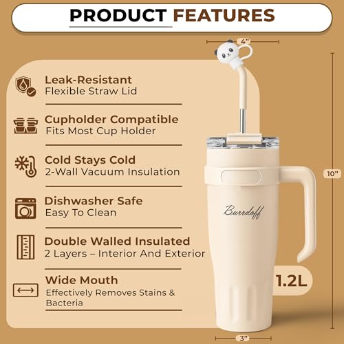 Image of Insulated Tumbler with Straw Lid and Handle (1200 ML) Double Wall Sipper Water Bottle for Adults, Tumbler Bottle with Straw (Luxe Creme, 1200 ML, with Panda Straw Coverr)