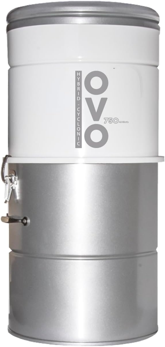 OVO Large and Powerful Central Vacuum System, 700 Airwatts Hybrid Filtration (with or Without Disposable Bags), Covers up to 7500 sq.ft, 6.6 Gal / 25L Bottom Load Rolled Steel Canister