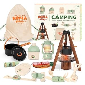 Kids Camping Toys Set – Pretend Play Camping Set with Food Toy, Spray Stove, Oil Lantern, Binoculars, Compass, Tableware, Watch & Storage Bag, Indoor Outdoor Toy for 3 4 5 6+ Year Old Boy Girl Gift