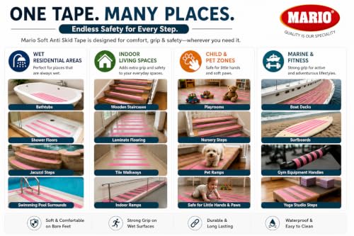 Image of Mario Soft Anti Skid Anti Slip Tape Pink 50mm (2 Inch) x 5m | Soft Surface Non Abrasive Barefoot Friendly Waterproof Grip Tape | Self Adhesive Safety Tape for Home Bathroom Stairs & Floor Use