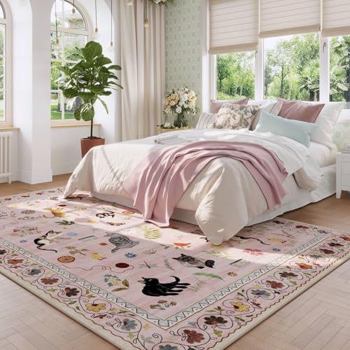 Area Rugs 8x10 Rug for Living Room Clearance Washable Boho Area Rug Non Slip Floral Animal Cat Vintage Low Pile Large Rug for Living Room Bedroom Farmhouse Dining Room Kids Playroom, Pink