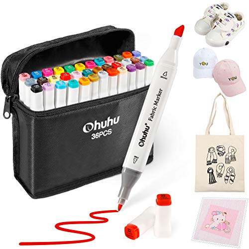 Marcadores textiles Ohuhu de 36 colores, marcadores de doble punta para de bricolaje para disfraces de Navidad, camisetas, prendas de vestir, zapatos, bolsos, Rotuladores de tela