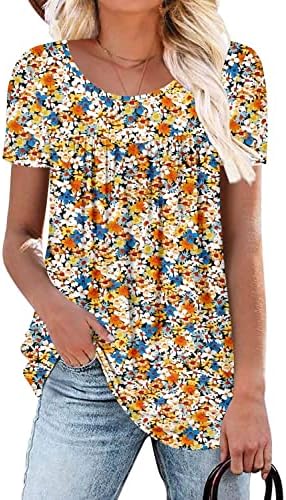 Summer Ruffle Shirts for Women Fashion Tunics Casual Dresses Short Sleeve Dressy Blouse Flower Tops OrangeYellow L