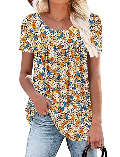 Summer Ruffle Shirts For Women Fashion Tunics Casual Dresses Short Sleeve Dressy Blouse Flower Tops Orangeyellow L #TOP5
