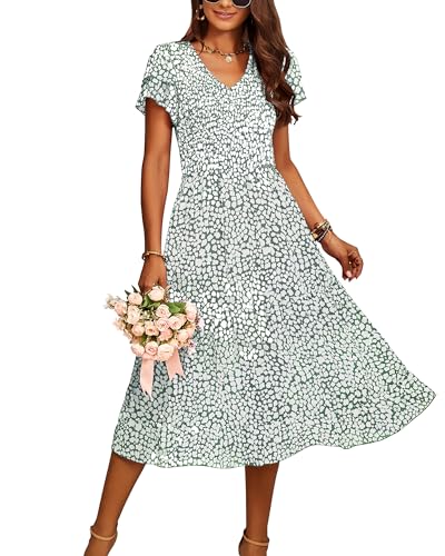 BTFBM Lässiges Sommerkleid, Kurze Rüschen, gestufte Ärmel, gesmokt, Midi-Kleid, Bohemian-Stil, Blumenmuster, V-Ausschnitt, Lange Kleider für...