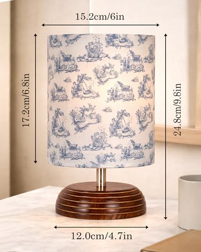 Image of Homesake Wooden Base Table Lamp with Fabric Drum Shade Aara | Warm Ambient Bedside Lamp for Bedroom, Living Room, Study, Office, Modern Classic Night Lamp Home Decor, (KD Toilet de jouy)