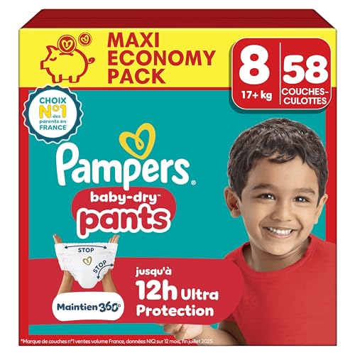 Pampers Baby-Dry Pants, Taille 8, 58 Couches-Culottes, 17kg+, Protection 360° contre les fuites...