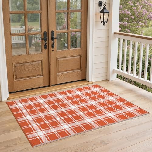 Image of GENIMO Fall Decor Outdoor Rug 3'x5' for Porch Plastic Door Mat Orange Plaid | Waterproof Outside Modern Carpet for Patio Decor, Balcony, Porch, Deck, Backyard, Picnic, Camping, RV, Reversible