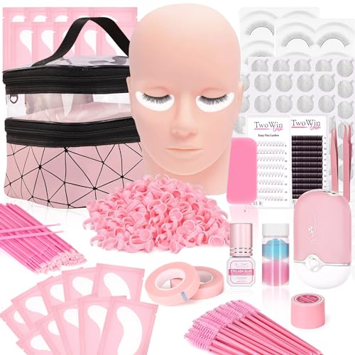 Kit extensiones de pestañas, TwoWin Kit completo de práctica de extensión de pestañas para principiantes, pestañas postizas, ventilador usb, pegamento, estuche maquillaje, Extensiones de pestañas kit
