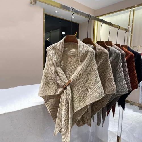 Knitted Triangle Shawl with Leather Buckle，Fall Winter Fashion Casual Multifunctional Triangle Shawl for Women4