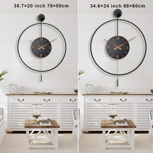 Image of Pytha Sight Large Modern Wall Clock,30.7x 20 Inch Big Metal Minimalist Arabic Numeral Dial,Decorative Farmhouse Pendulum Wall Clocks with Walnut Pointers forLiving Room Decor, Office,Dining Room