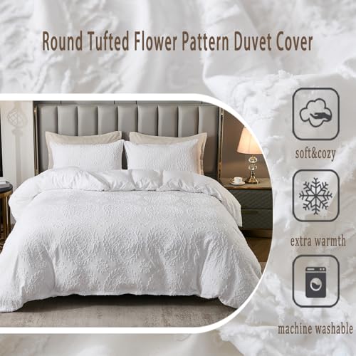 Herside Boho Tufted Duvet Cover Set Super King White Farmhouse Bedding Set Lightweight Circular Tufted Design Vintage Chic Quilt Cover Microfibre Bedding Cover All Season with 2 Pillowcases - Image 2