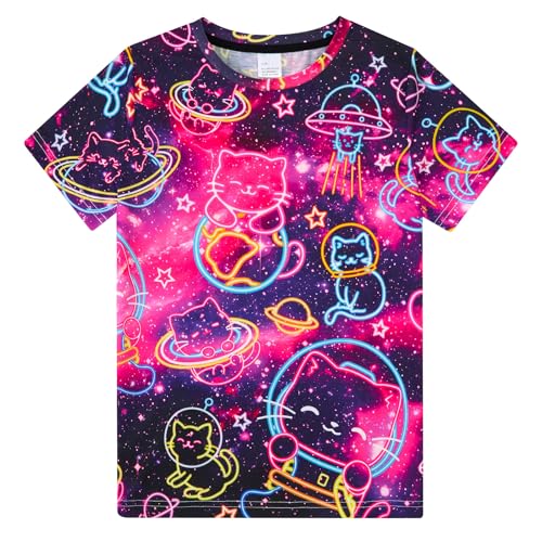 Funnycokid Girls Neon Shirts Cat T Shirt Size 7-8 Kids Animal Print Clothes Short Sleeve Purple Tee 7 8 Years