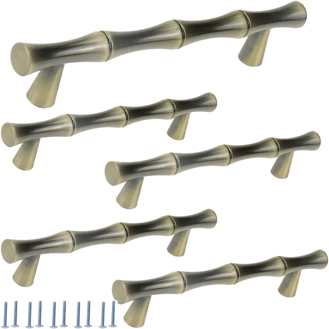 Bitray Cabinet Pull, 5-Inch Hole Centers Bamboo Zinc Alloy Drawer Cabinet Handle, Antique Bronze (5 Pack)