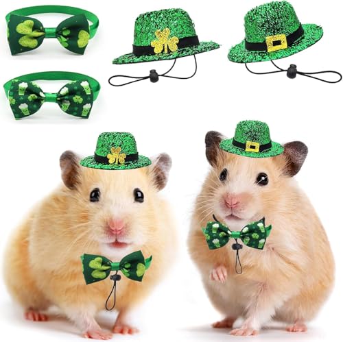 4 Pack St. Patrick’s Day Costume Small Animal Leprechaun Hats Rabbit Shamrock Bow Tie Irish Outfit for Bunny Hamster Guinea Pig Ferret Sugar Glider Lizard (Large)