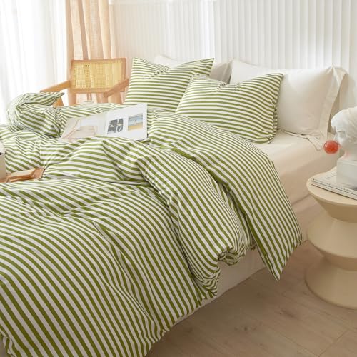 Image of LifeTB Striped Comforter Set Full Size 3 Piece Soft Fluffy Green White Stripes Pattern Printed Bedding Set Lightweight Breathable Comforter Set Farmhouse Striped Bedding Comforter with 2 Pillowcases