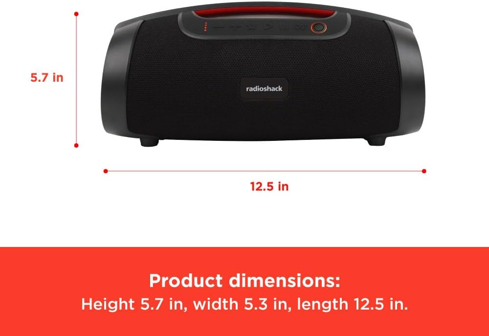 A diagram showing the dimensions of the RadioShack Bluetooth speaker: Height 5.7 inches, width 5.3 inches, length 12.5 inches.