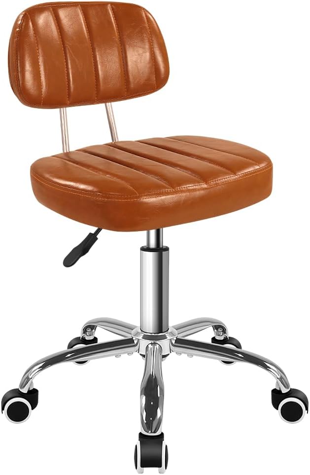 BFTOU Square Swivel Stool with Wheel for Work SPA Shop Massage Height-Adjustable Rolling Stool Chair with Back (Orange-Brown)