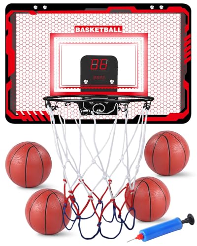 KASTWAVE Indoor Basketball Hoop Set with 4 Balls for Kids and Adults - Pro Mini Basketball Hoop for Door with Complete Basketball Accessories, Basketball Game Toys Gifts for 3-12+ Year Old (Red)