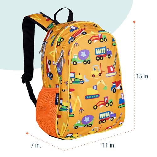 Image of Wildkin 15 Inch Backpack for Kids, Under Construction | Ages 5-10, padded straps, side water bottle pocket - coordinates with matching Wildkin lunch boxes and water bottles