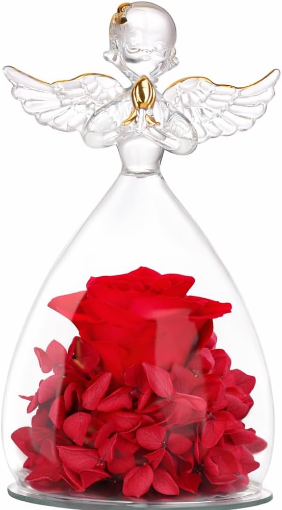 Angel Preserved Rose Gift for Her, Real Forever Rose in Glass Dome with Angel Figurine, Romantic Gifts for Mom Wife Girlfriend, Valentine’s Day Birthday Anniversary Home Decor